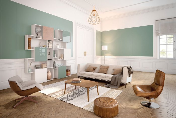 01 Soukromý byt - Itálie - Skleněný obklad z lakovaného lesklého skla Lacobel Green Sage a lakovaného matného skla Matelac Green Sage.jpg